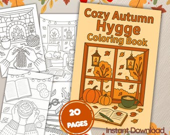 Puede incluir: Un libro para colorear titulado "Cozy Autumn Hygge Coloring Book" con temática otoñal. La portada presenta una escena de ventana con calabazas, hojas y una taza de café. Páginas adicionales muestran dibujos lineales de escenas otoñales acogedoras.