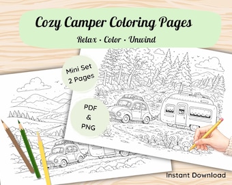 Camper Van Coloring Pages – Cozy Travel & Nature Printable Coloring Book for Adults