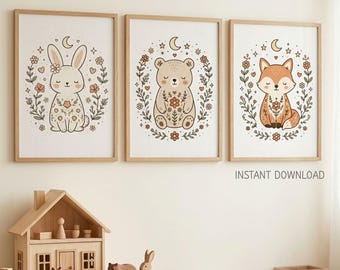 Boho Nursery Animal Art Print Set, Woodland Baby Room Decor (Instant Download)