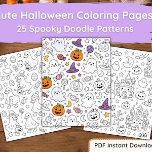 Pu&ograve; includere: Un set di tre pagine da colorare stampabili con temi di Halloween che includono anatre in costume, fantasmi, zucche, caramelle e case infestate. Il testo recita Cute Halloween Coloring Pages 25 Spooky Doodle Patterns e PDF Instant Download.