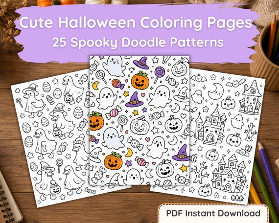 Cute Halloween Coloring Pages, 25 Spooky Doodle Patterns, Easy Bold Coloring Book for Kids & Adults, Kawaii Halloween Printable PDF