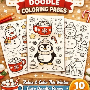 Peut inclure: Pages de coloriage Cozy Winter Doodle comprenant dix feuilles imprimables avec des illustrations de bonhommes de neige, de pingouins, de tasses de chocolat chaud et d'arbres d'hiver. Le texte indique Cozy Winter Doodle Coloring Pages, Relax & Color This Winter, Cute Doodle Pages for Cozy Moments, et 10 Pages Instant Download.