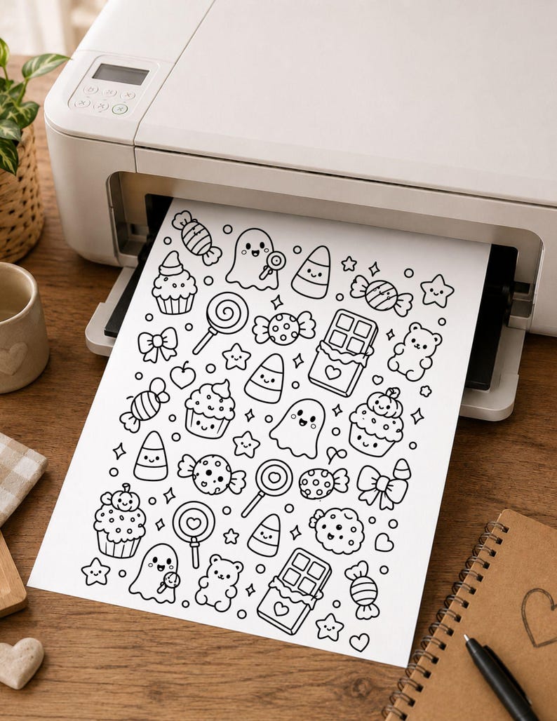 Pu&ograve; includere: Un foglio di carta bianco che esce da una stampante, caratterizzato da un motivo a linee bianche e nere con varie icone a tema Halloween, tra cui fantasmi, caramelle, cupcake, lecca-lecca, barrette di cioccolato, fiocchi e orsetti.