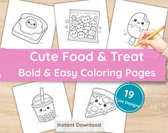 Kawaii Food Coloring Pages – 19 Designs, Easy Bold Outlines (PDF + PNG Files)