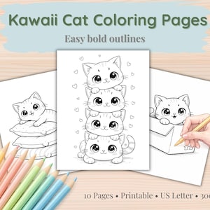 May include: Kawaii Cat coloring pages with easy bold outlines. The image shows three coloring pages with cute cat illustrations. One page has a cat on pillows, another has a stack of cats, and the third has a cat in a box. Colored pencils are in the foreground.