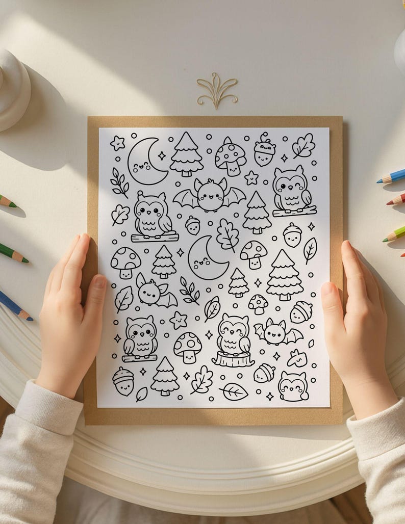 Pu&ograve; includere: Una pagina da colorare bianca con illustrazioni a linee nere di gufi, pipistrelli, lune crescenti, pini, funghi, ghiande e foglie disposte in un motivo ripetuto su un supporto marrone con matite colorate nelle vicinanze.