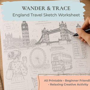 May include: A white paper sheet titled WANDER & TRACE England Travel Sketch Worksheet featuring black line art illustrations of Big Ben, Tower Bridge, a double-decker bus, the London Eye, a telephone booth, and a person holding a coffee cup.
