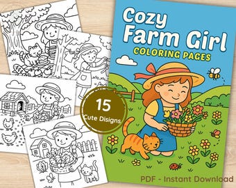 Cottagecore Coloring Book for Kids | Farm Girl & Cat (PDF Pattern)