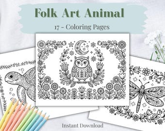 Folk Art Animal Coloring Pages, Scandinavian Nature Printable, Botanical Designs (PDF Download)