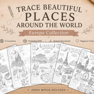 Peut inclure: Une collection de pages à colorier imprimables intitulée Trace Beautiful Places Around The World Europe Collection. Les pages présentent des illustrations détaillées en noir et blanc de monuments en Italie, Espagne, Grèce, France et Angleterre.