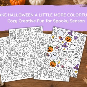 Pu&ograve; includere: Tre pagine da colorare rettangolari con disegni a linee in bianco e nero a tema Halloween e autunnale, inclusi fantasmi, zucche, funghi e dolci. Il testo recita: MAKE HALLOWEEN A LITTLE MORE COLORFUL Cozy Creative Fun for Spooky Season.