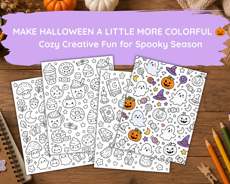 Pu&ograve; includere: Tre pagine da colorare rettangolari con disegni a linee in bianco e nero a tema Halloween e autunnale, inclusi fantasmi, zucche, funghi e dolci. Il testo recita: MAKE HALLOWEEN A LITTLE MORE COLORFUL Cozy Creative Fun for Spooky Season.