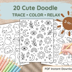 Puede incluir: Un conjunto de tres páginas para colorear imprimibles con arte lineal en blanco y negro de gatos, símbolos celestiales y artículos de vacaciones. El texto 20 Cute Doodle TRACE COLOR RELAX y 2-in-1! aparece en las páginas con una etiqueta PDF.