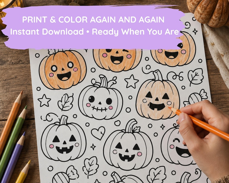 Pu&ograve; includere: Una pagina da colorare bianca con diverse zucche di Halloween con varie espressioni facciali, stelle e foglie. Il testo PRINT & COLOR AGAIN AND AGAIN Instant Download &bull; Ready When You Are &egrave; visualizzato in alto in bianco.