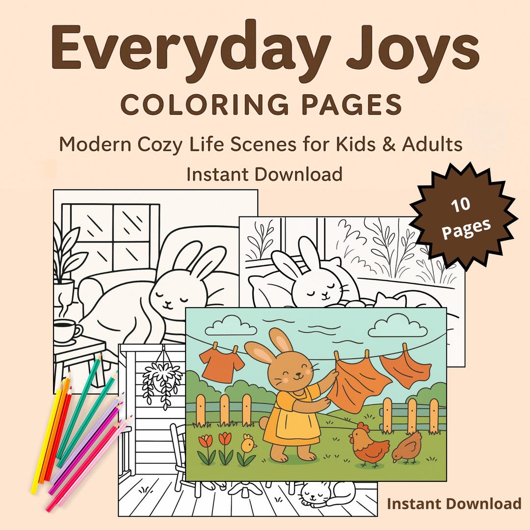 Bunny and Cat Coloring Pages for Kids: Cozy Life Scenes (PDF Download ...