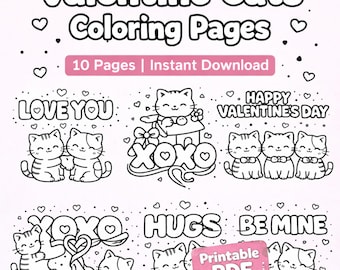 Valentine Cats Coloring Pages | Kawaii Kitten Love Quotes (PDF Download, 10 Pages)