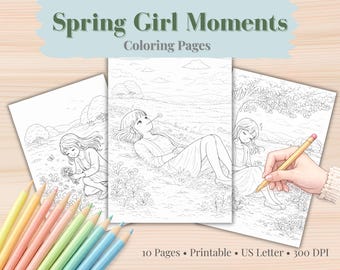 Spring Girl Coloring Pages | Relaxing Nature Scenes (Printable PDF)