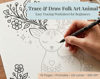 Folk Art Animal Tracing Worksheets, Scandinavian Nature Printable, PDF Download