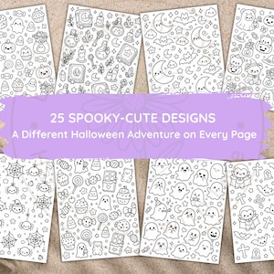 Pu&ograve; includere: Una collezione di otto pagine da colorare con disegni al tratto in bianco e nero a tema Halloween, inclusi fantasmi, zucche, pipistrelli, ragni e dolci. Un banner viola al centro mostra il testo 25 SPOOKY-CUTE DESIGNS A Different Halloween Adventure on Every Page.