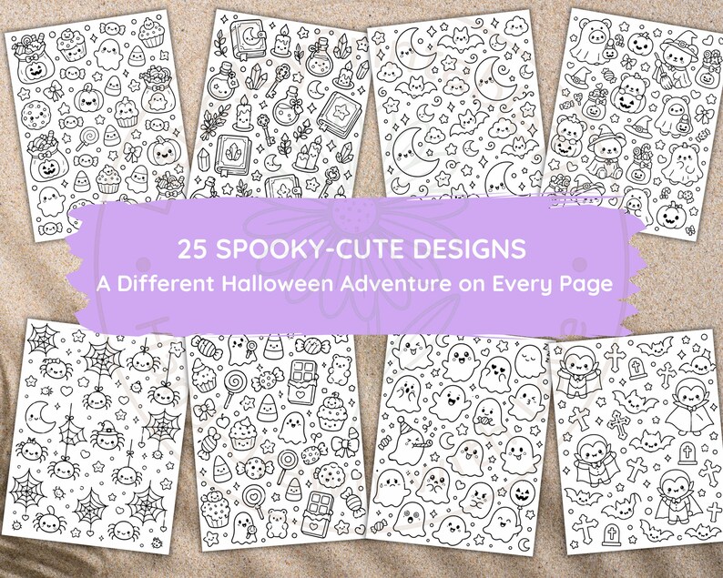 Pu&ograve; includere: Una collezione di otto pagine da colorare con disegni al tratto in bianco e nero a tema Halloween, inclusi fantasmi, zucche, pipistrelli, ragni e dolci. Un banner viola al centro mostra il testo 25 SPOOKY-CUTE DESIGNS A Different Halloween Adventure on Every Page.