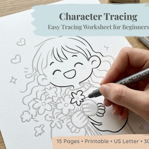 Puede incluir: Una hoja de trabajo de calco de personajes con el texto Character Tracing Easy Tracing Worksheet for Beginners. La página presenta una ilustración de líneas de una persona sonriente que sostiene flores, rodeada de corazones y estrellas.