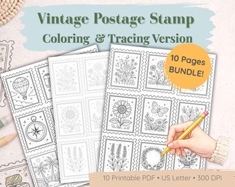 Postage Stamp Coloring & Tracing Bundle, Pattern Coloring Pages, Cute Doodle Worksheets