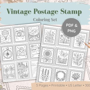 May include: A black and white coloring set titled "Vintage Postage Stamp Coloring Set". The set includes multiple pages with various postage stamp designs featuring images of a camera, compass, and flowers. The set is printable and US Letter size.