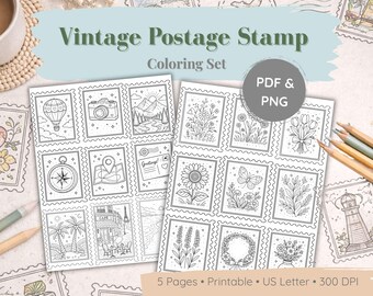 Postage Stamp Coloring Pages – Vintage Stamp Designs, Printable Coloring Book PDF & PNG Instant Download