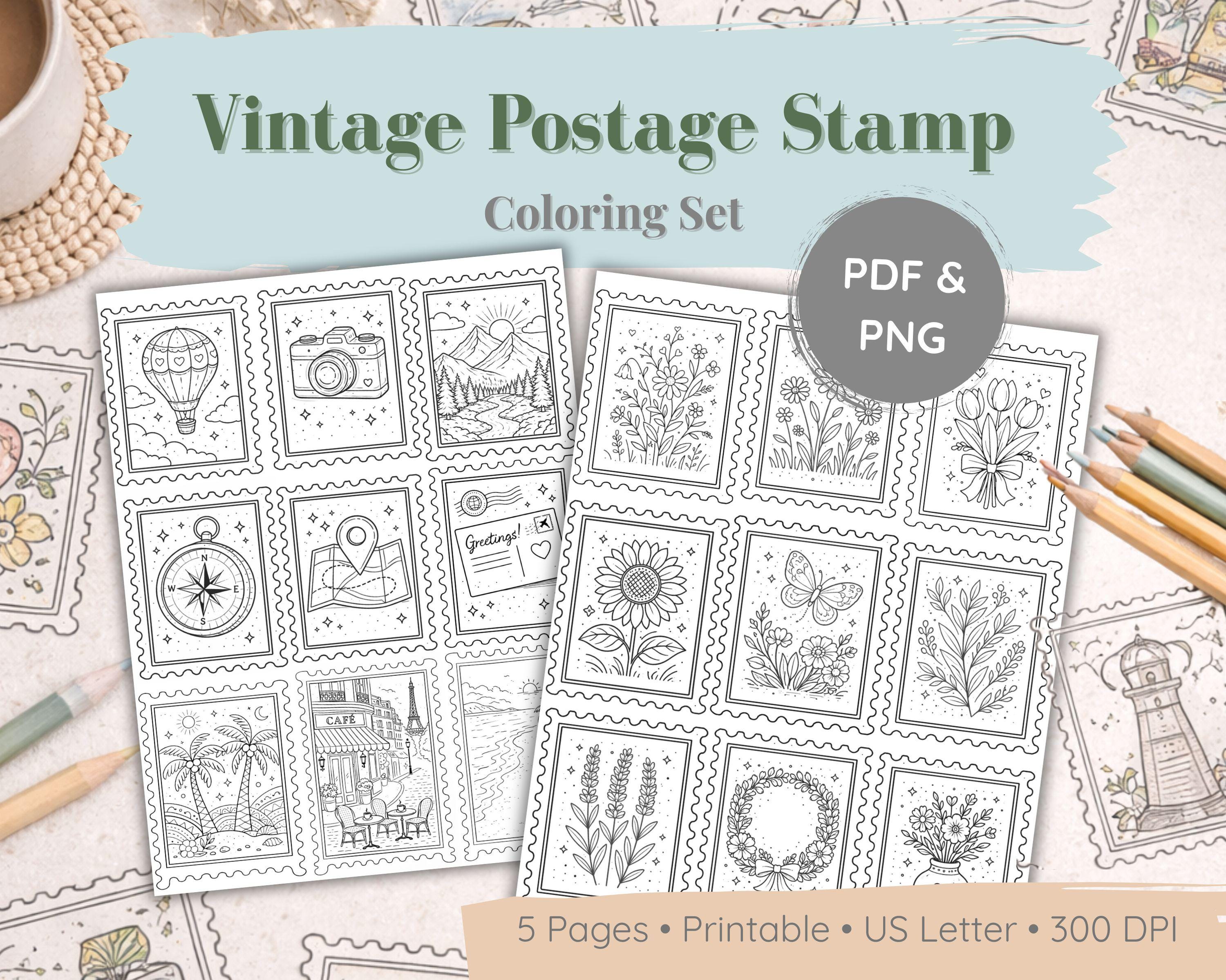 Postage Stamp Coloring Pages – Vintage Stamp Designs, Printable ...