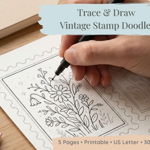 May include: A hand is drawing a floral design with a black pen on a white paper with the text "Trace & Draw Vintage Stamp Doodles". The paper has a stamp-like border. The text "5 Pages • Printable • US Letter • 300 DPI" is also visible.