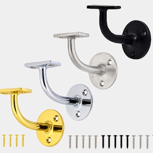 May include: Four metal handrail brackets in gold, polished chrome, brushed nickel, and matte black finishes. Each bracket features a curved support arm, a circular wall mounting plate with three screw holes, and a flat top plate. Includes matching screws.