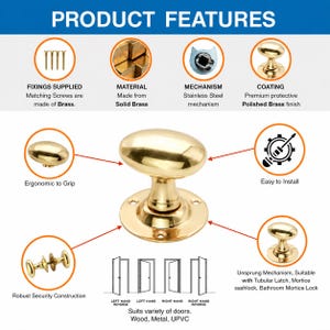 May include: A polished solid brass door knob with an oval handle and a circular mounting plate. The image includes text detailing product features such as matching screws, a stainless steel mechanism, and compatibility with tubular latches.