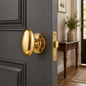 May include: A polished brass oval door knob mounted on a dark gray paneled door. The hardware includes a matching brass latch plate with two visible screws, set against the edge of the door, showcasing a reflective metallic finish and smooth surface.