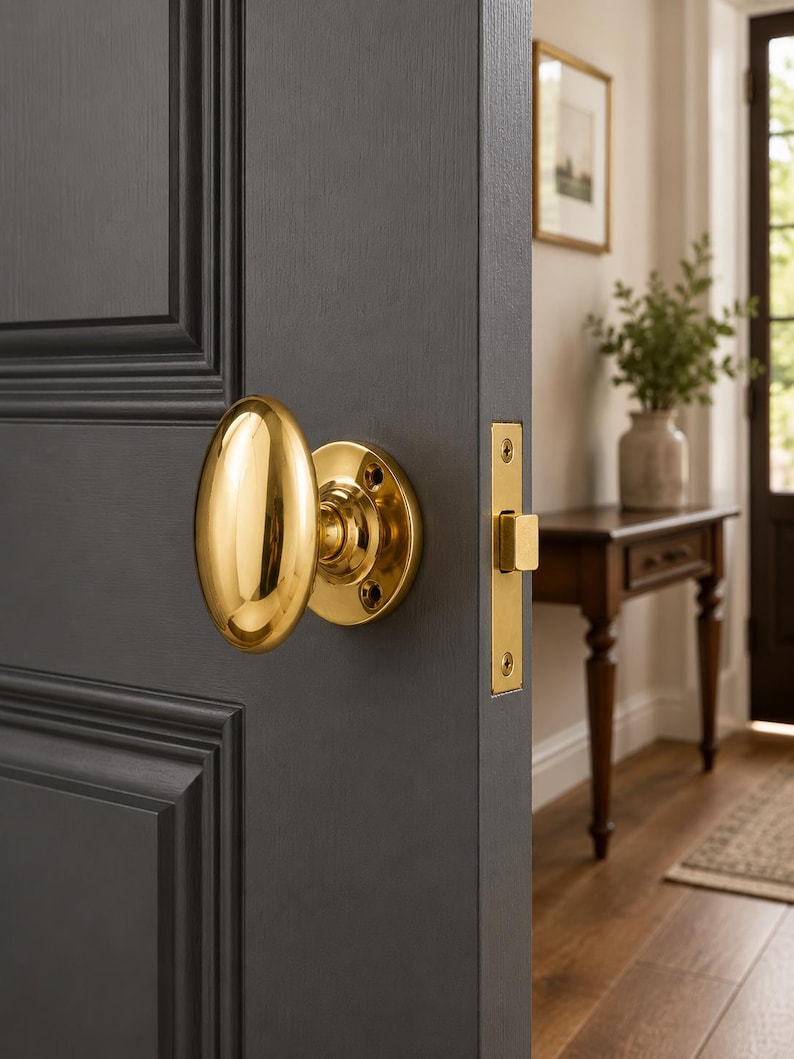 May include: A polished brass oval door knob mounted on a dark gray paneled door. The hardware includes a matching brass latch plate with two visible screws, set against the edge of the door, showcasing a reflective metallic finish and smooth surface.