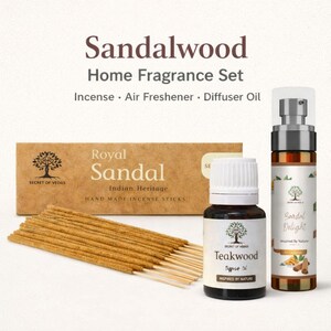 May include: A sandalwood home fragrance set with incense sticks, air freshener, and diffuser oil. The set includes a box of Royal Sandal incense sticks, a bottle of Teakwood diffuser oil, and a Sandal Delight air freshener spray.