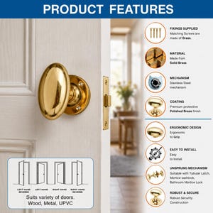 Solid Brass Oval Mortice Knobs Classic Period Door Furniture image 4