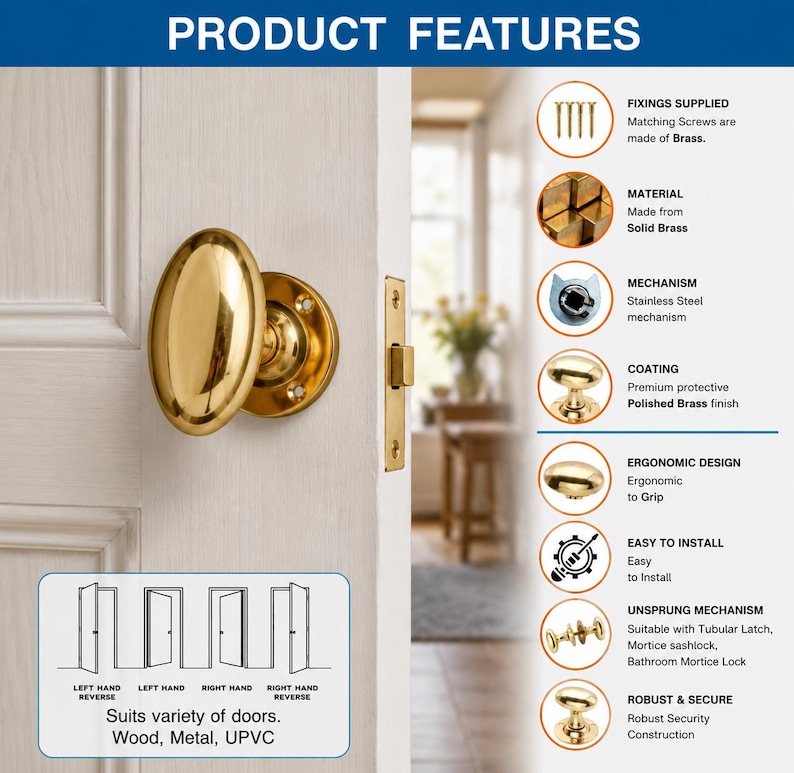 Solid Brass Oval Mortice Knobs Classic Period Door Furniture image 4