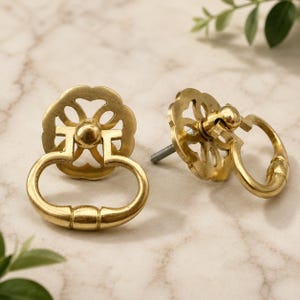 Antique Floral Drawer Pull Rings 40mm Solid Brass Cabinet Handles Pair