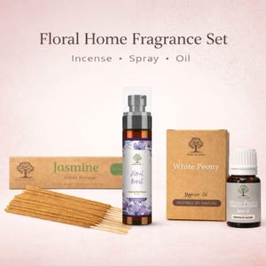 May include: A floral home fragrance set with incense, a spray, and oil. The set includes Jasmine incense sticks, a Floral Burst spray, and White Peony diffuser oil. The products are packaged in brown boxes and bottles.