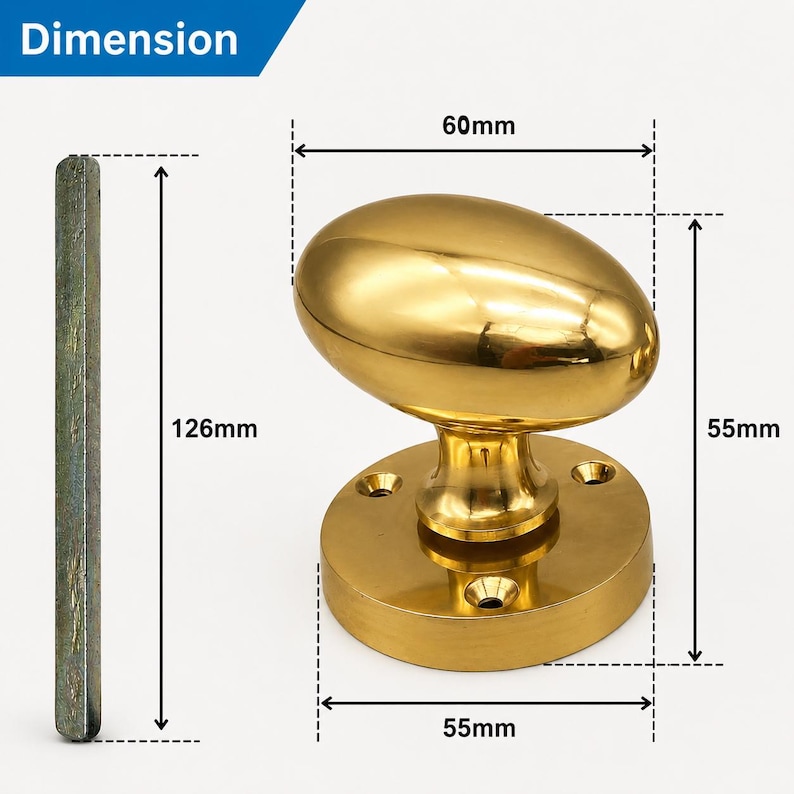 May include: A polished gold-tone oval door knob with a circular base plate featuring three screw holes. The knob measures 60mm in width and 55mm in height, with a base diameter of 55mm. A separate metal spindle bar measures 126mm in length.