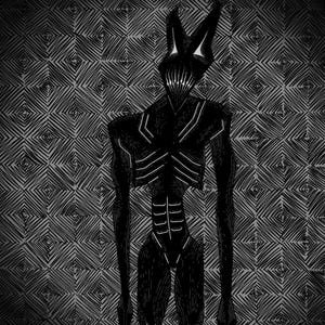 May include: A black and white digital illustration of a tall, slender creature with a horned head and sharp teeth. The creature has a skeletal chest and long limbs. The background features a repeating geometric pattern.