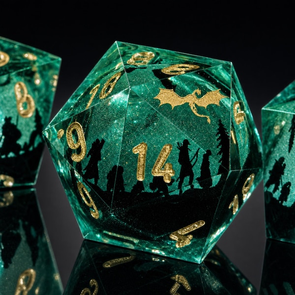Green Dragon Engraved D20 Liquid Core Resin Dice Set, Sharp Edge Fantasy RPG Polyhedral Dice