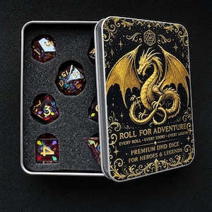 May include: A set of multi-faceted polyhedral dice with dark red resin and iridescent inclusions, housed in a black metal tin. The lid features a gold dragon illustration and the text: ROLL FOR ADVENTURE, EVERY ROLL, EVERY STORY, EVERY LEGEND, PREMIUM DND DICE, FOR HEROES & LEGENDS.