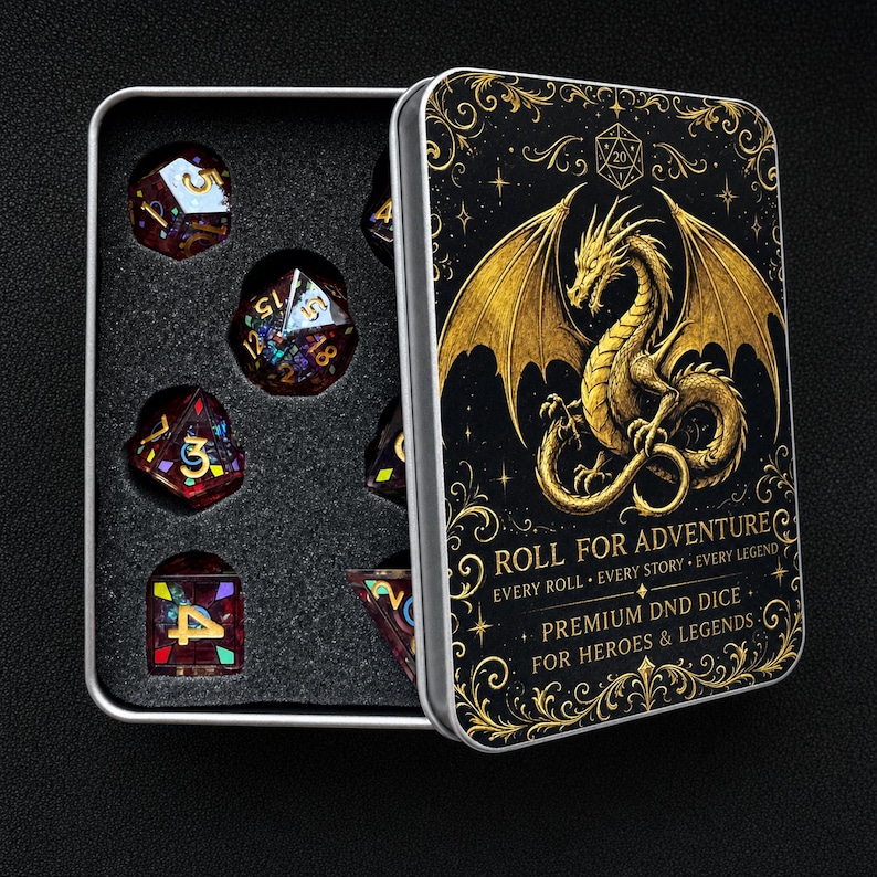 May include: A set of multi-faceted polyhedral dice with dark red resin and iridescent inclusions, housed in a black metal tin. The lid features a gold dragon illustration and the text: ROLL FOR ADVENTURE, EVERY ROLL, EVERY STORY, EVERY LEGEND, PREMIUM DND DICE, FOR HEROES & LEGENDS.