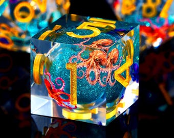 Juego de dados de núcleo líquido Blue Octopus - Dados de D&D de resina hechos a mano