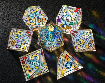 Stained Glass Resin Dice Set, 7pc Sharp Edge Dice, Engraved Cathedral D20, Gold Numbers, RPG Dice, FOR DND Games, Fantasy Gift