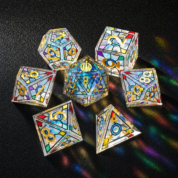 Stained Glass Resin Dice Set, 7pc Sharp Edge Dice, Engraved Cathedral D20, Gold Numbers, RPG Dice, FOR DND Games, Fantasy Gift