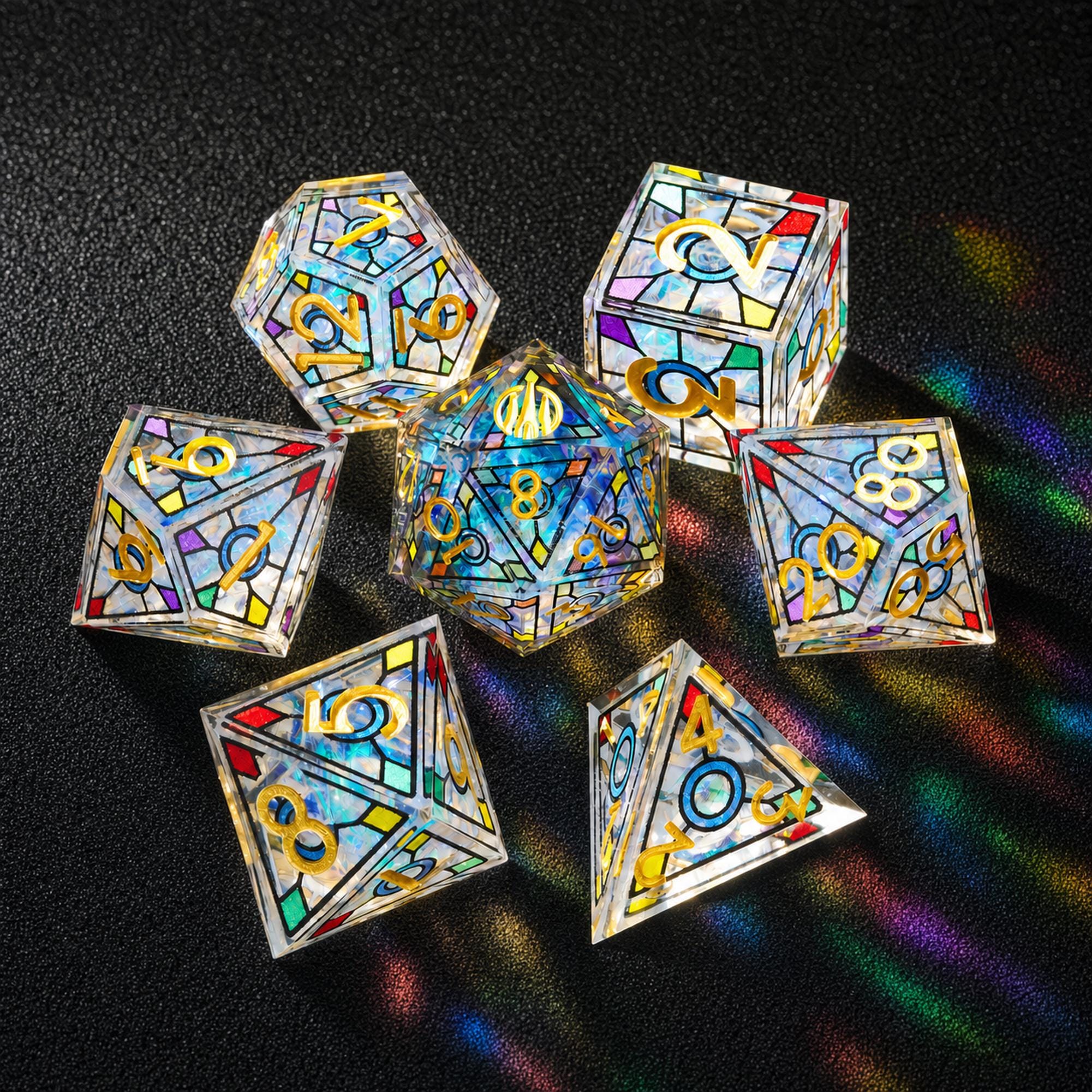 Stained Glass Resin Dice Set, 7pc Sharp Edge Dice, Engraved Cathedral D20, Gold Numbers, RPG Dice, FOR DND Games, Fantasy Gift