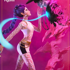 Peut inclure: Illustration numérique aux tons roses et violets, représentant deux personnages. L'un est une femme aux cheveux violets vêtue d'une tenue blanche et noire. L'autre porte un chapeau noir. Le texte "nom nom Figures" est visible.