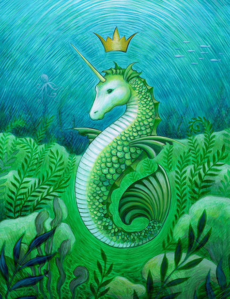 Seahorse unicorn mermaid Ocean seascape art print bathroom | Etsy